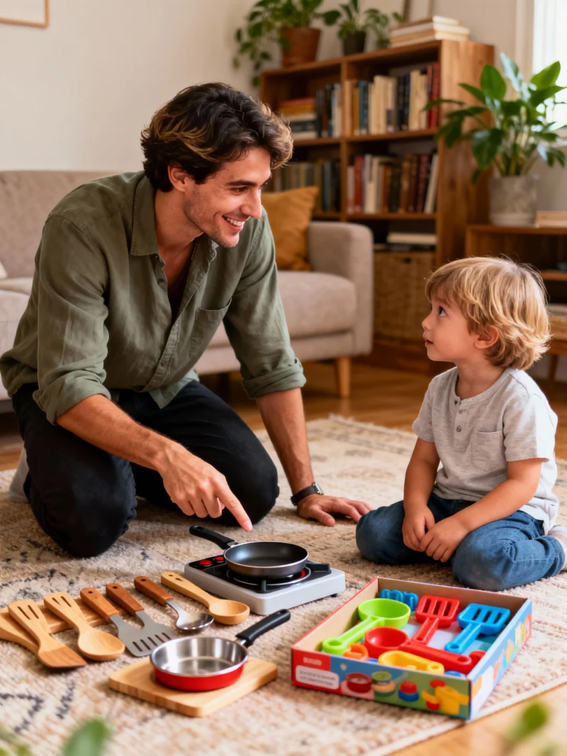 Parent selecting a cooking set for a child