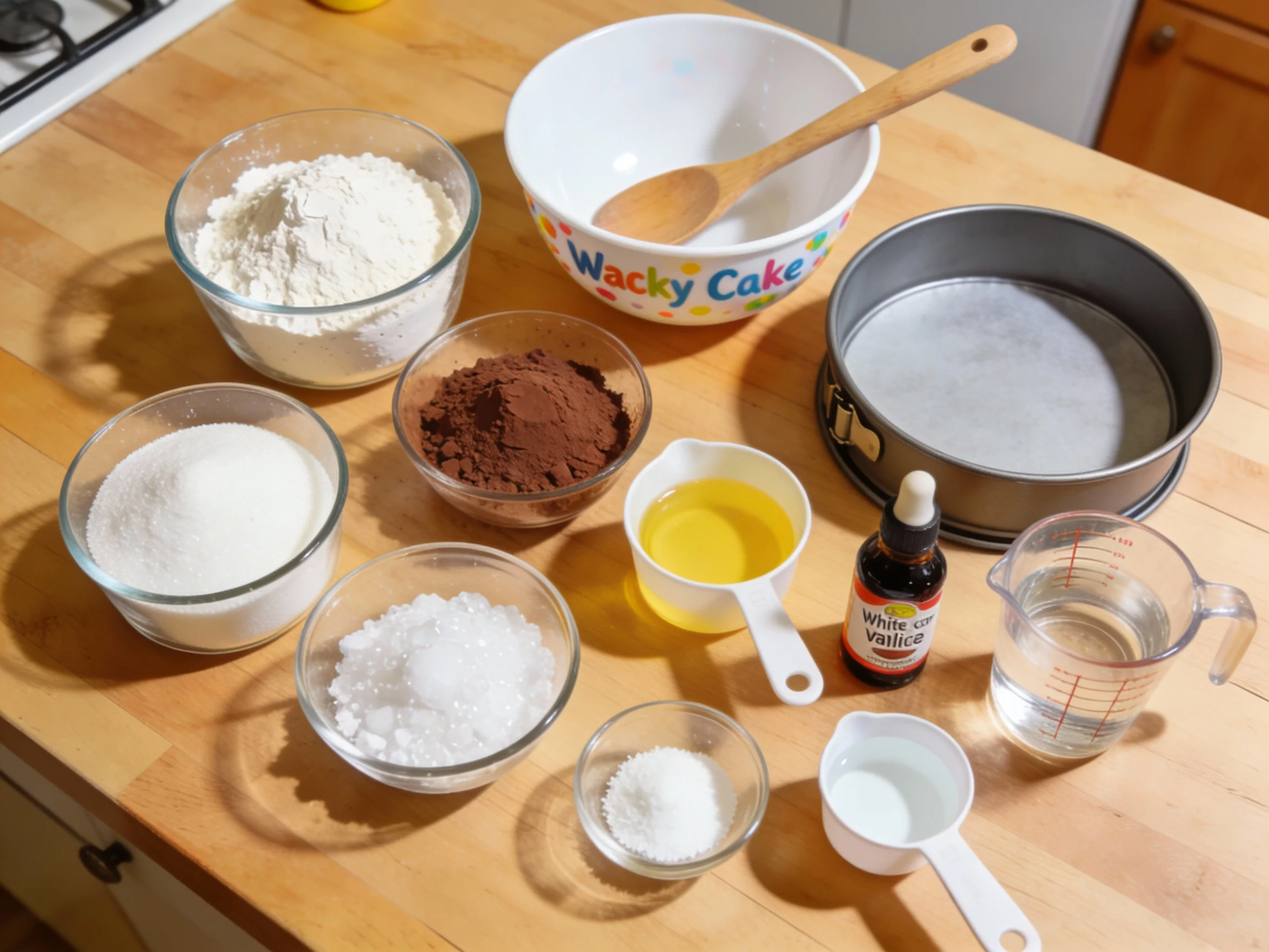 Ingredients and tools for Wacky Cake