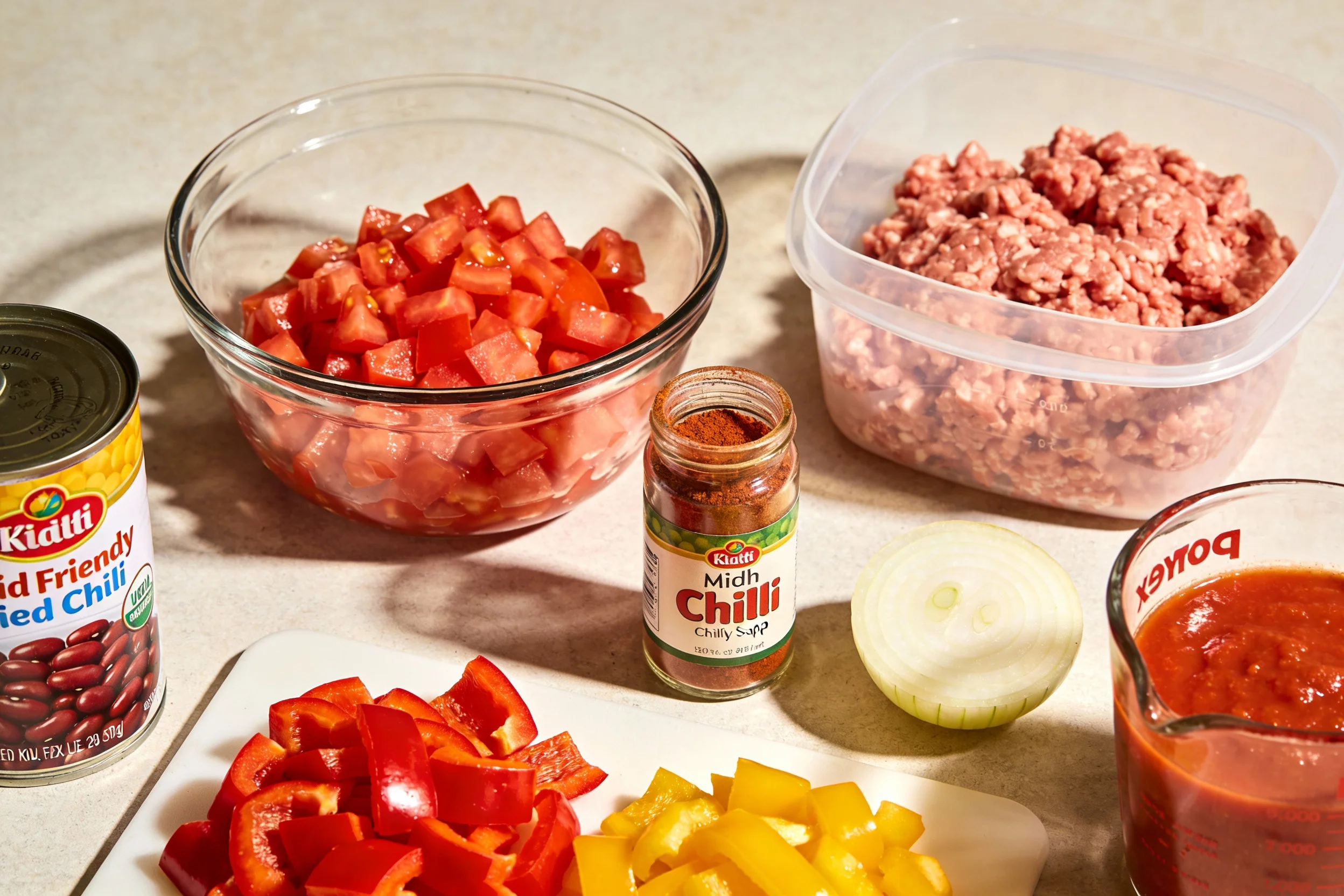 Ingredients for kid-friendly chili on a countertop
