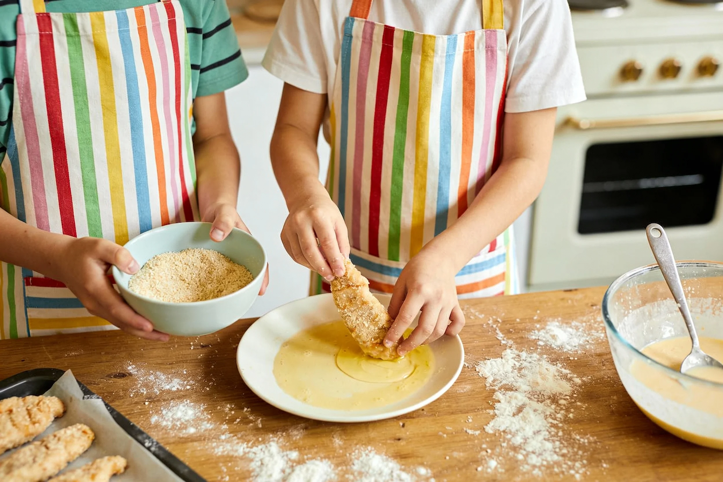 Children cooking chicken tenders together