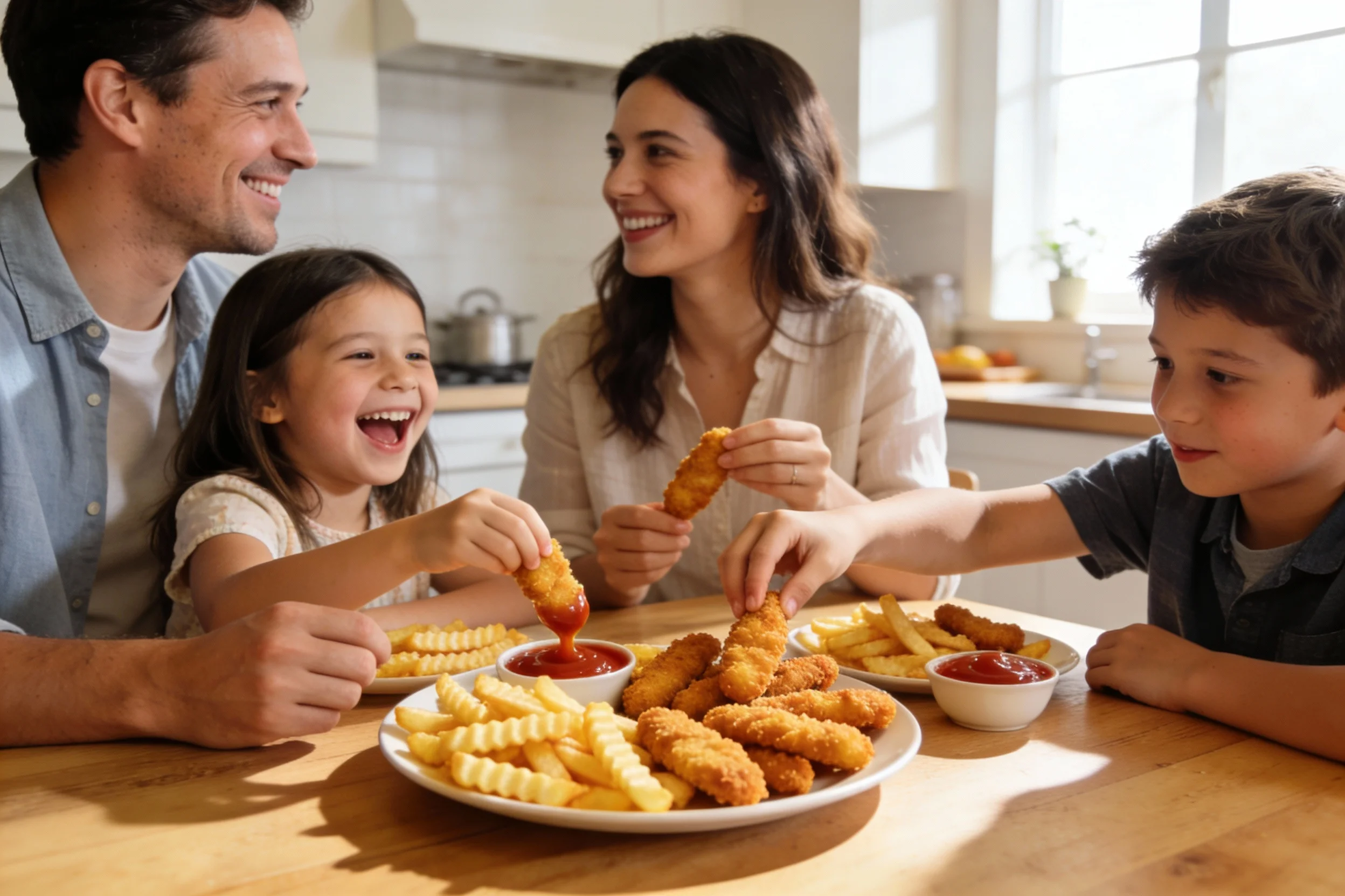 Family enjoying homemade chicken tenders