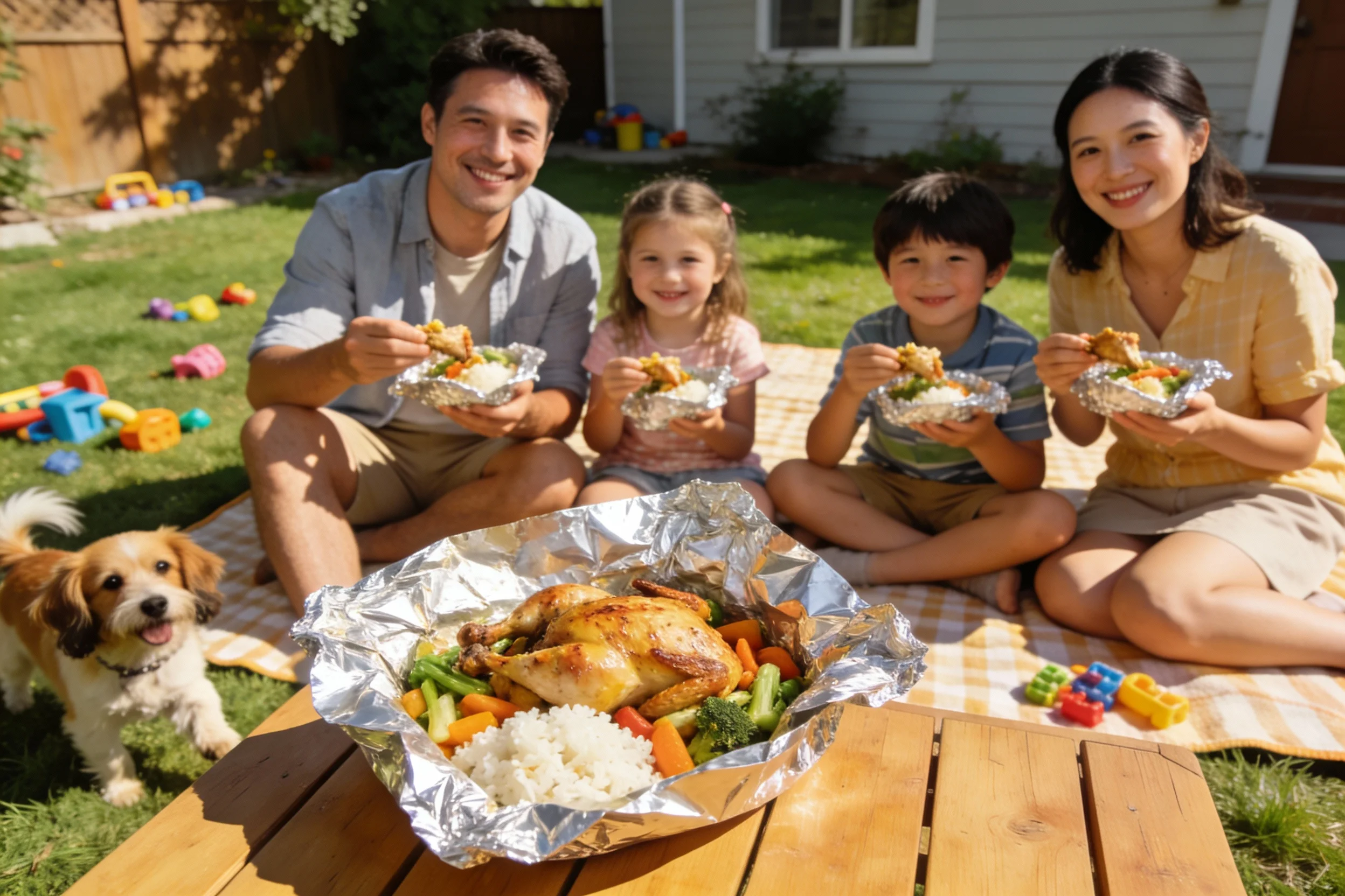 Family enjoying foil-packet meals together