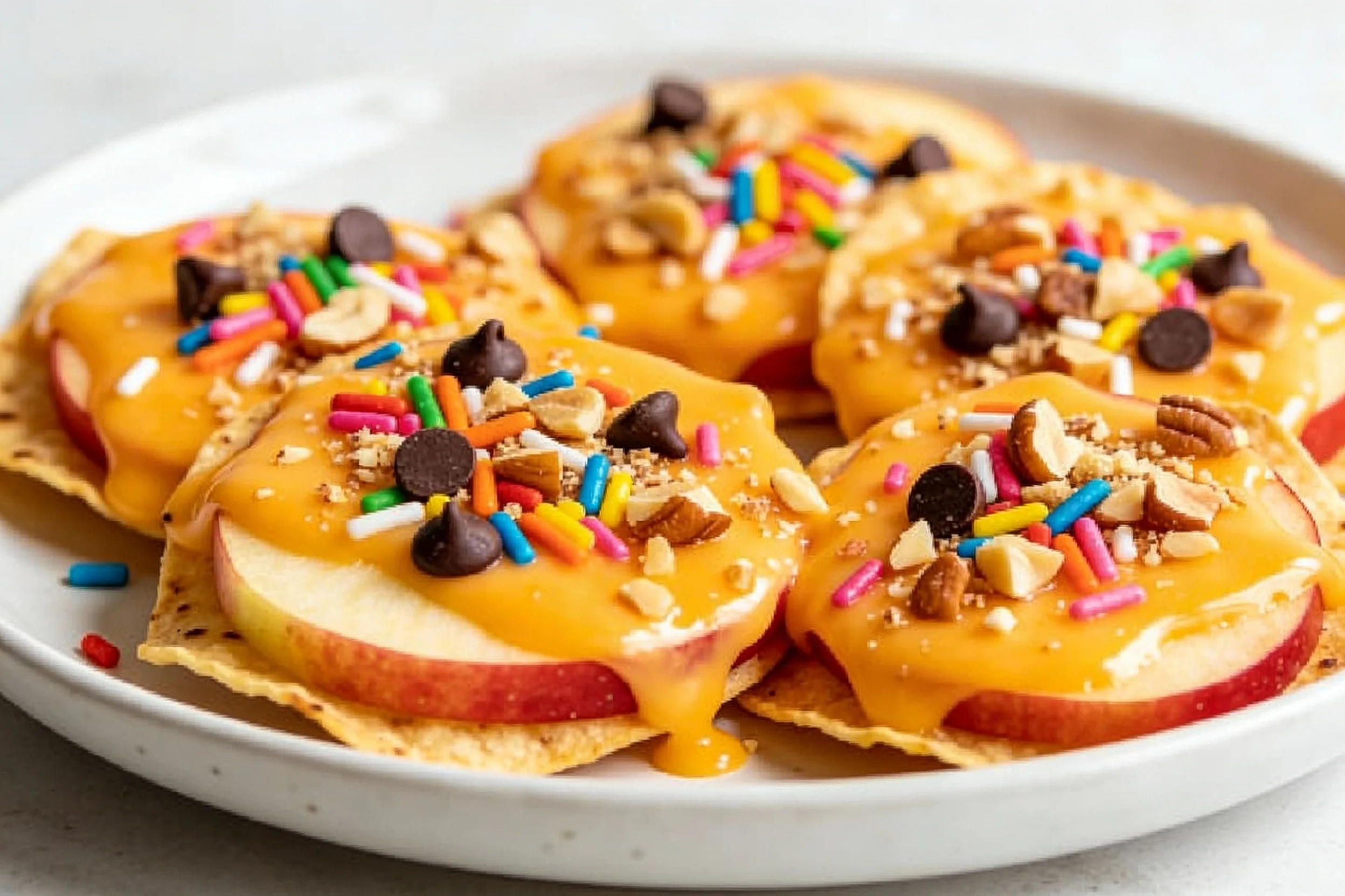 Cheesy apple nachos with toppings