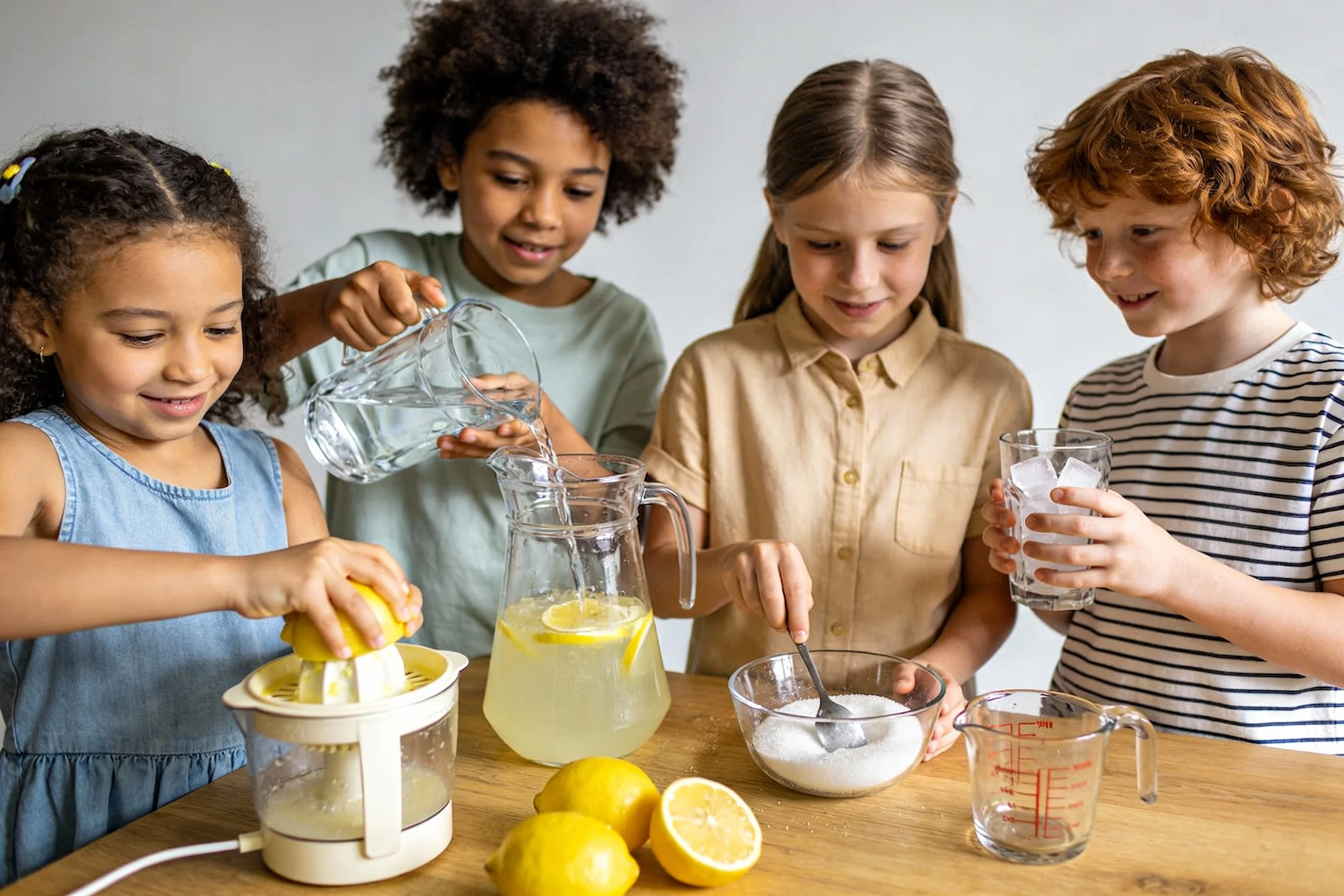 Children following steps to make lemonade