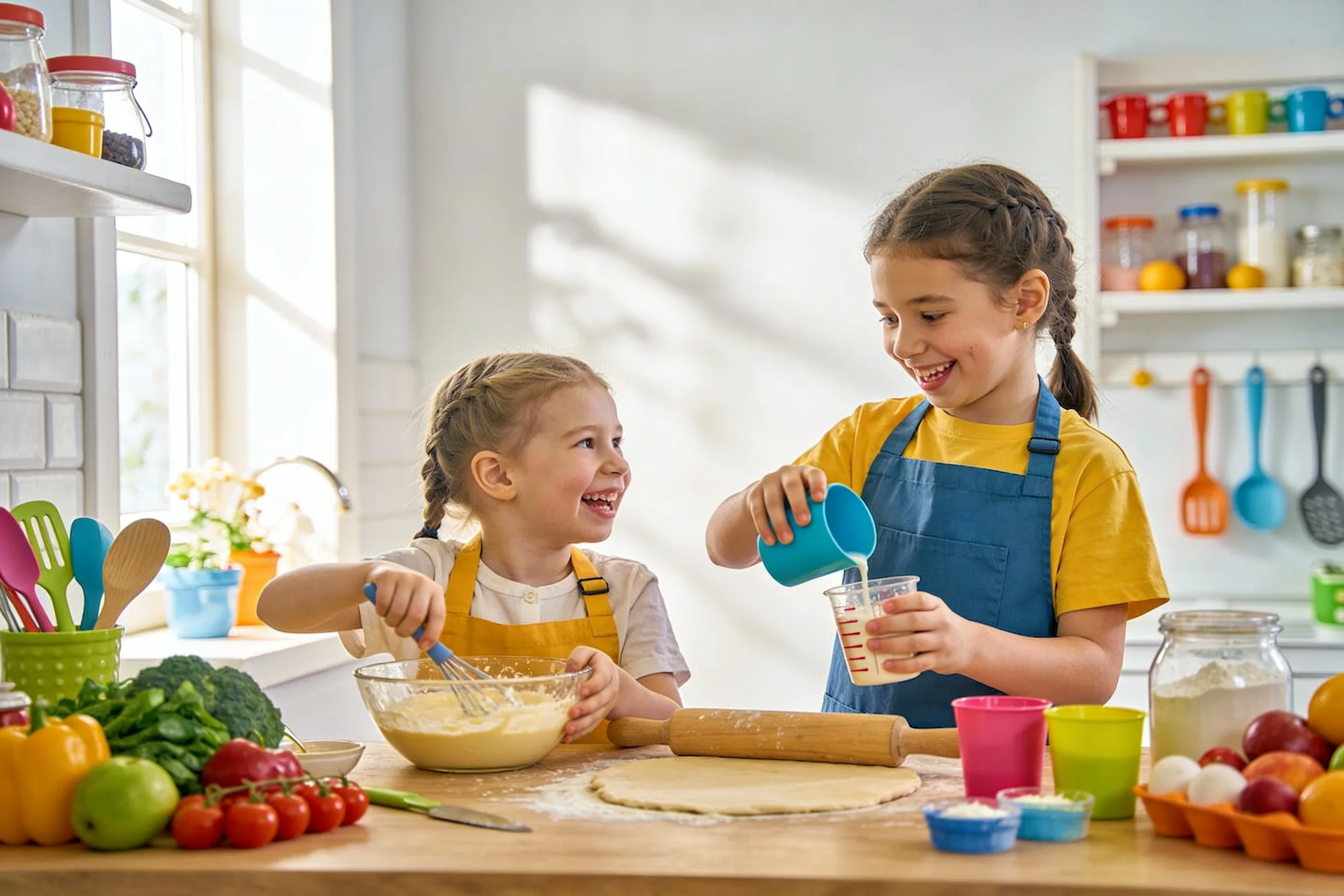 Happy children enjoying cooking with visual recipes